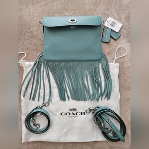 New Coach Teal Fringe Leather Crossbody Bag